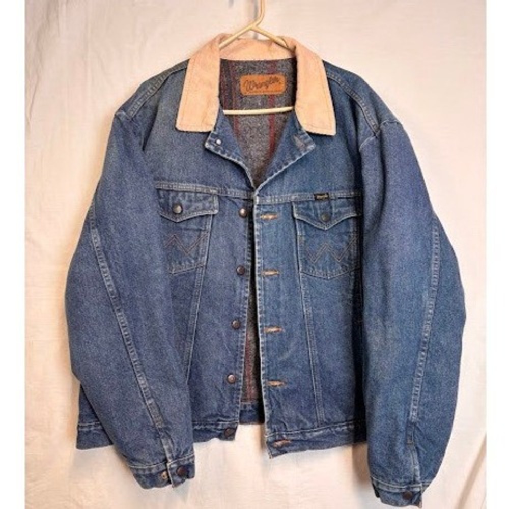 Vintage Wrangler Denim Jacket Size 48 Blue Blanket Lined Corduroy Collar M-159